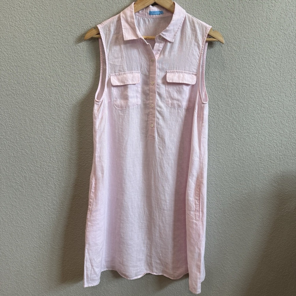 J.McLaughlin Aberdeen Sleveless 100% Linen Dress Popover Shirtdress Pink Medium